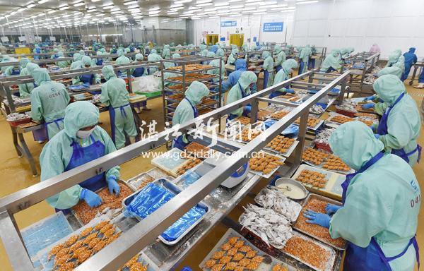湛江国联水产开发股份的工人在加工对虾产品.陈煜 摄